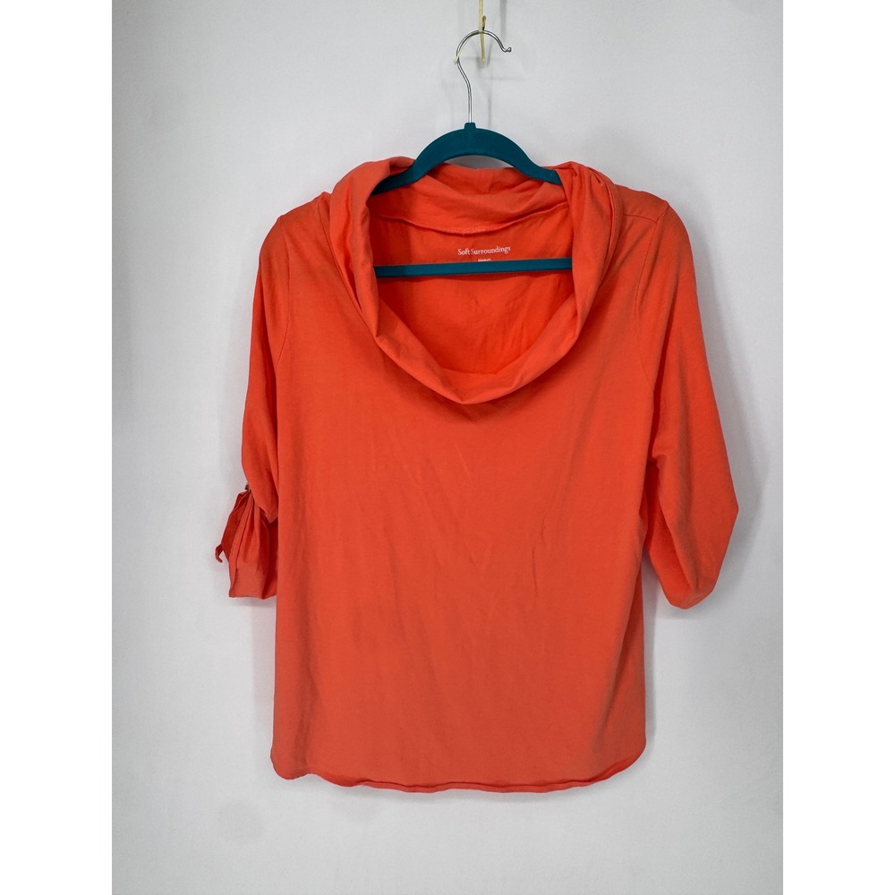 Soft Surroundings Top Women Medium Orange  Cowl Neck Ruched 3/4 Sleeve 2GV40